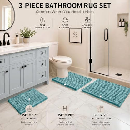 Yimobra Bathroom Rug Set 3 Piece, Super Absorbent Bath Mat Set, Teal Blue - color: Teal Blue, size: 24"x17" + 24"x20" + 30"x20"