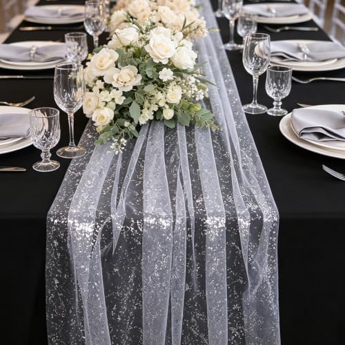 6 Pcs White Silver Gauze Table Runners 10 Ft Tulle Decorations, Glitter Metallic Foil Sequin Sheer Table Decoration Centerpiece for Party Birthday Wedding Anniversary ChristmasChristmas - style: Silver