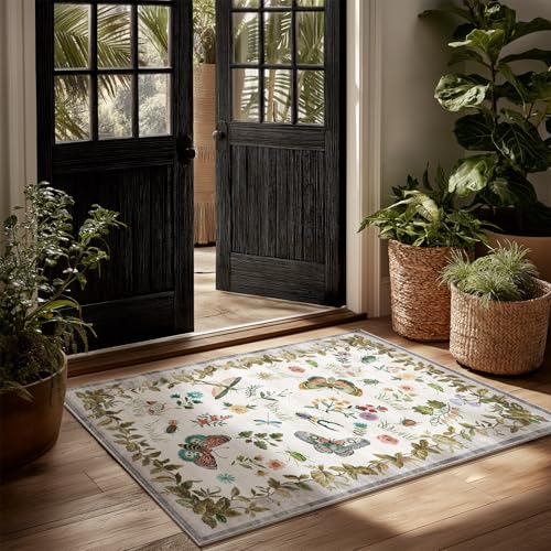 2x3 Washable Throw Rugs for Entryway: Door Mat Indoor Entrance Small Rug Non-Slip Low Pile Soft Kitchen Rug for Front Door Indoor Entrance Entry Bedside Kids Room - color: Butterfly-beige, size: 2' x 3' (Rectangular)