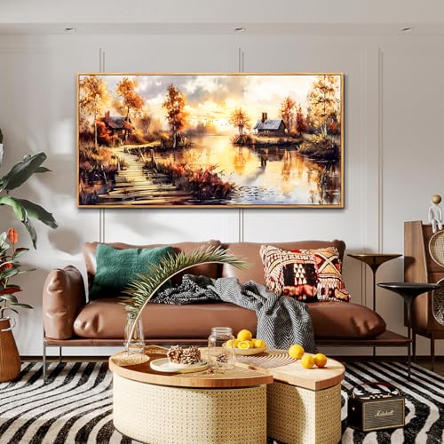 Large Framed Rustic Farmhouse Landscape Wall Art for Living Room, 40x20 In - color: Countryside Painting Wood Framed, size: 40"L x 20"W