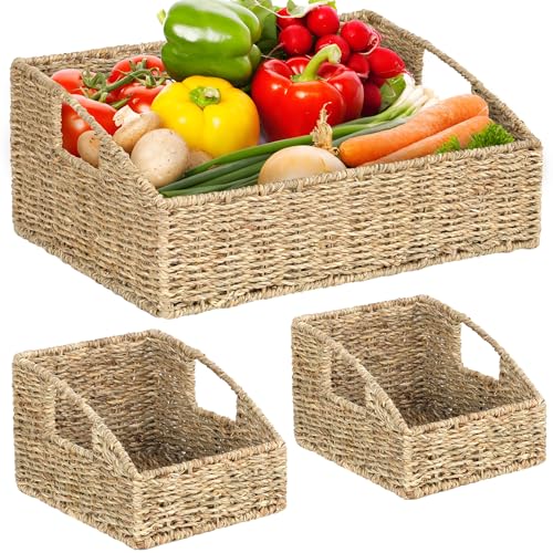 Set of 3 Handwoven Storage Baskets – Decorative Natural Wicker Organizer Bins with Built-in Handles for Bathroom, Kitchen, Pantry, Nursery, Closet, Laundry, Living Room, and Home Use - color: Dark Brown