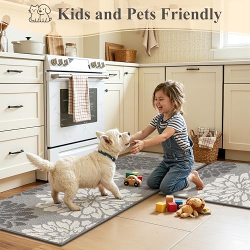 Findosom Kitchen Rugs Sets of 2, Floral Washable Kitchen Runner Rug, Gray - color: Grey, size: 24" x 36" + 24" x 71"