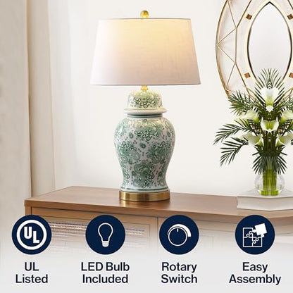 JONATHAN Y Ellis Chinoiserie Ginger Jar Table Lamp 29.5", Green/White - color: Green/White