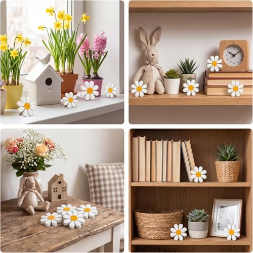 Amyhill 24 Pcs Daisy Table Centerpieces Decoration Wooden Small Rustic Daisy White Yellow Wood Flower Signs for Vase Bowls Filler Tiered Tray Table Farmhouse Home Kitchen Decor