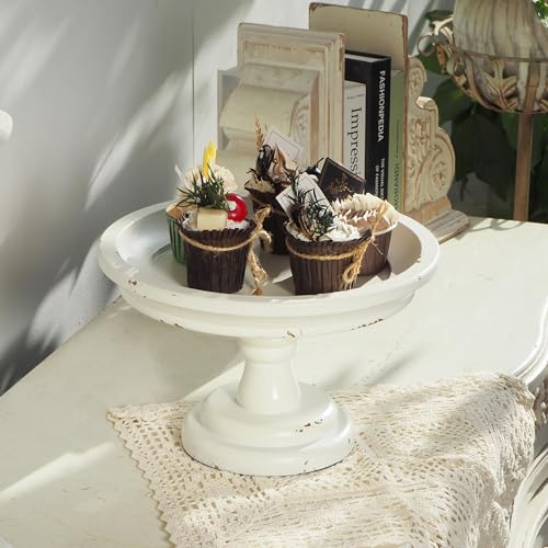 SOFE Round Cake Stand 7" Inner, Rustic White Wood Pedestal Tray - color: White