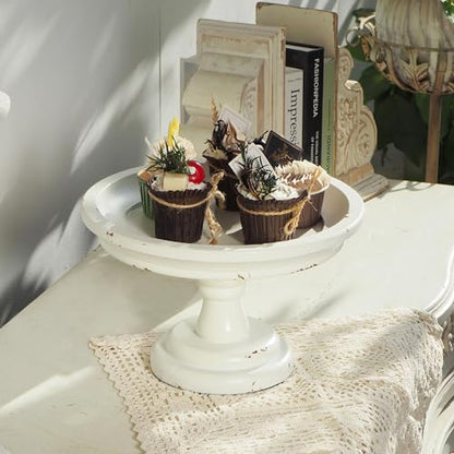 SOFE Round Cake Stand 7" Inner, Rustic White Wood Pedestal Tray - color: White