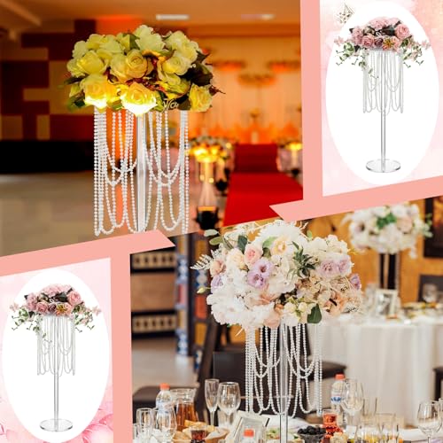 Amyhill 10 Pcs Tall Vases Wedding Centerpiece for Tables 23.6'' Acrylic Wedding Flower Stand Flower Vase Floral Stand with Pearl Chain for Reception Dinner Tables Party Ceremony Birthday Event Decor