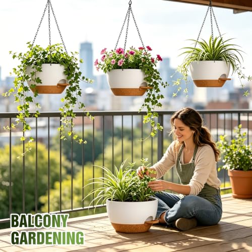 10 Inch Self-Watering Hanging Planters Set of 3 with Saucers - color: White Brown, size: 10 Inch 3 Pack