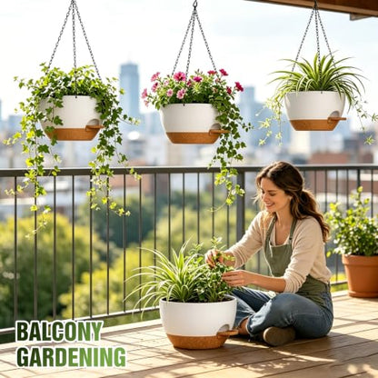 10 Inch Self-Watering Hanging Planters Set of 3 with Saucers - color: White Brown, size: 10 Inch 3 Pack