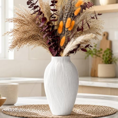 White Ceramic Vase for Pampas Grass, 9.2 Inch Wavy Textured Vase Gift - color: Windblown Texture Vase