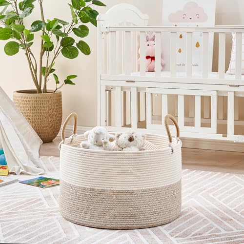KAKAMAY Large Blanket Basket with Handles, Storage Basket for Living Room - color: Beige Mix