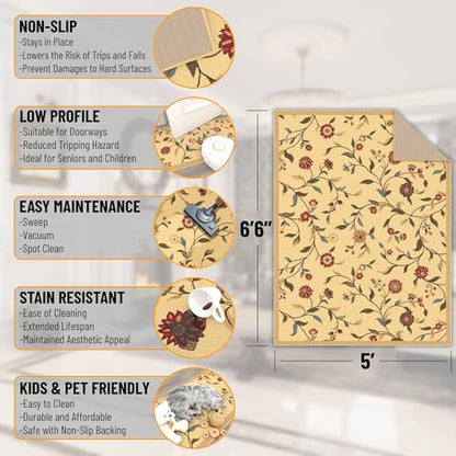 Ottomanson 5x7 Area Rugs for Living Room – Stain Resistant Bedroom Rug - color: Floral Beige
