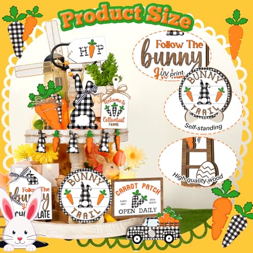 Marsui Easter Tiered Tray Decor Happy Easter Tiered Tray Ornament Rustic Farmhouse Spring Sign Bunny Truck Gnome Egg Wooden Sign for Home Table Decor(Plaid) - style: Plaid