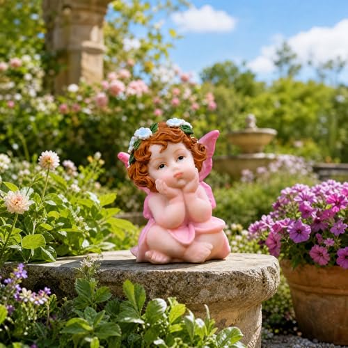 XJar Garden Fairy Figurine, Hand Painted Resin Yard Decor Statue - color: Flower Fairy - Pink