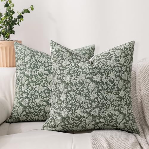 DWR Floral Throw Pillow Covers 20x20 Set of 2, Block Print Decorative Pillow Covers in Deep Sage Green, Neutral Faux Linen Cotton Blend, Vintage Look for Couch, Sofa, Bed, Living Room - color: Deep Sage Green, size: 20" x 20" (Pack of 2)