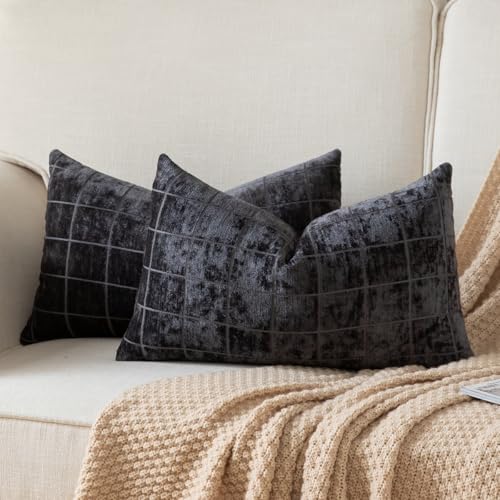 Set of 2 Chenille Check Throw Pillow Covers Decorative Vintage Plaid Pillowcase Neutral Boho Couch Pillows Farmhouse Cushion Covers for Sofa Couch Living Room 30x50 Inch,Black - color: Black, size: 20" x 12" (Pack of 2)