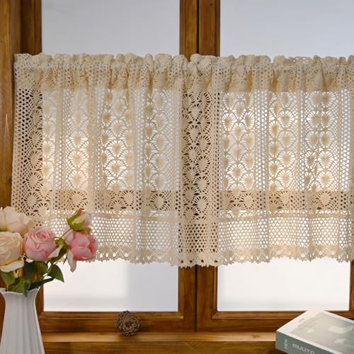 Retro Crochet Curtain Valance for Kitchen Boho Curtain Tier for Small Window Rod Pocket Farmhouse Light Filtering Short Curtain for Living Room Cabinet 1 Panel 39" W x 35" L - size: 39"W x 35"L (Pack of 1)