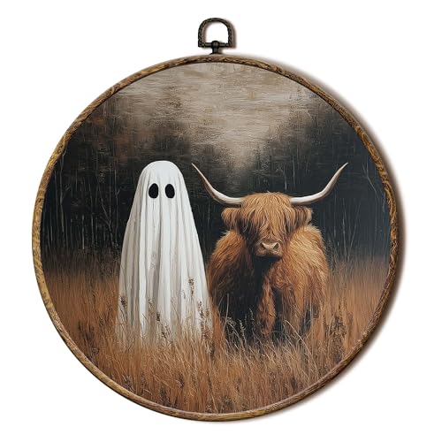 FSTCSV Vintage Ghost Highland Cow Round Wall Art Framed, Fall Halloween Ghost Highland Cow Canvas Prints Wall Hanging Art, Rustic Cottagecore Circle Walls Decor for Farmhouse Home Bedroom, 10x10in - color: color-11