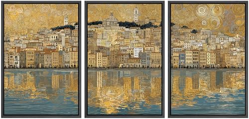 wall26 Framed Print Wall Art Set Golden Cityscape Reflection Gustav Klimt Inspired Coastal TownDecorative Minimal Relax/Zen for Living Room, Bedroom, Office - 16"x24"x3 Black - color: A18-2604-m12, size: 16" x 24" x 3 Panels BLACK