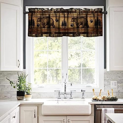 Retro Bear Curtain Valances,Rustic Woodland Wild Animal Rod Pocket Window Valance,Farmhouse Stone Wall Wooden Board Print Blackout Short Topper Curtain for Living Room Kitchen,54x18in - color: Bear-2
