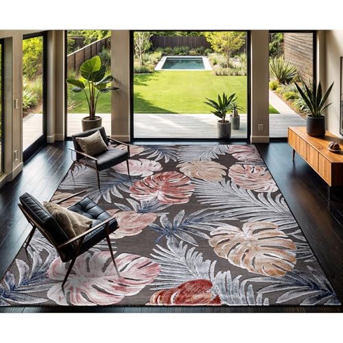 CAMILSON Indoor Outdoor Rug, Brown 9’x12’ Leaf Tropical Botanical Area Rugs for Indoor and Outdoor patios, Easy-Cleaning Non-Shedding Living Room, Garden and Kitchen Washable Outside Carpet (9x12) - color: 3002 Brown, size: 9' x 12' (Rectangular)