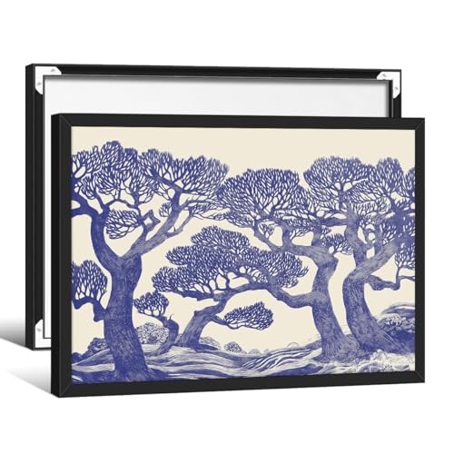 Blue Oak Tree Forest Wall Art Vintage Woodland Landscape Poster 08x10 inch Black Framed Nature Botanical Canvas Prints for Farmhouse Room Wall Decor - color: Vintage-5, size: 10"L x 8"W, style: Framed