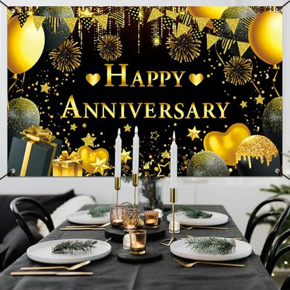 Happy Anniversary Decorations Kit - 5.9x3.6Ft Banner & 18PCS Balloons, Black & Gold Backdrop for Wedding, Party Supplies - Men & Women
