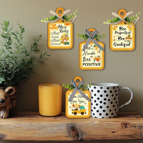 PH PandaHall 4 Styles Bee Wooden Sign, Wall Decor Eat Wood Cutting Board Sign Yellow Hive Rules Farmhouse Tiered Tray with Hemp Rope Hanging Wall Decor for Home Kitchen Dining Living Room Bar - style: Bee