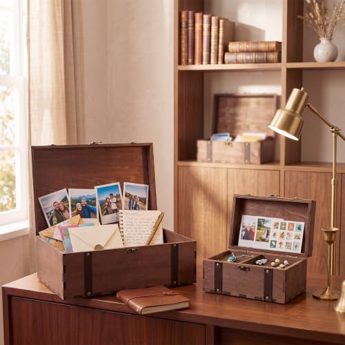 Sliner 3 Pack Vintage Wooden Keepsake Treasure Chest Box with Lock, S M L