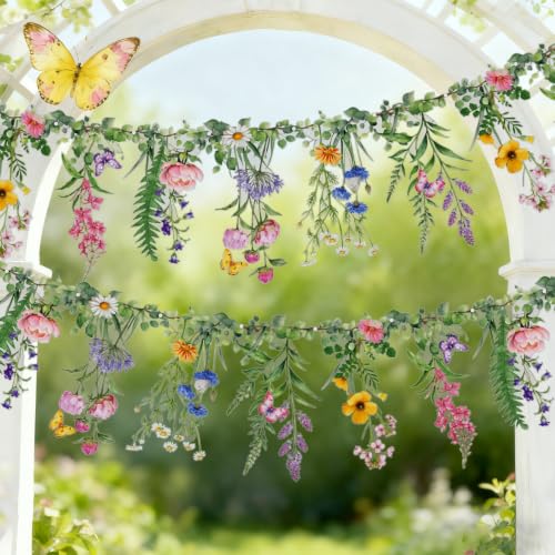 SUNBEAUTY Wildflower Banner 2 Pcs Waterproof Garland 2-Sided Printed Garden Party Flower 2x4.9FT Reusable Pre-stringing Hanging Decor for Garden Tropical Baby Shower Birthday Tea Party Supplies - color: Wildflower Garland - 2
