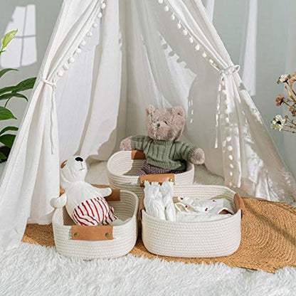 CHICVITA 3 Pack Woven Rope Gift Basket with Leather Handles, White - color: White, size: 11.4 x 10.6 x 5.5 Inch (3 Pack)
