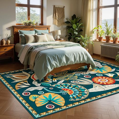 Joydeco Egypt Floral Machine Washable Living Room Bedroom Area Rugs 5x7 - color: Dark Green, size: 5' x 7' (Rectangular)