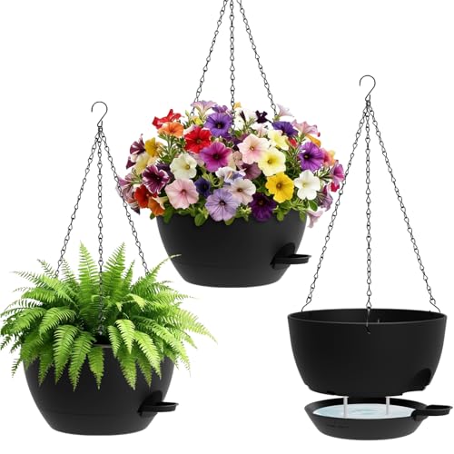 UOUZ Set of 3-10 Inch Self Watering Hanging Planters for Indoor & Outdoor，Hanging Plant Pots with Drainage & Removable Tray, Hanging Pots Holder for Ivy, Spider Plants, Ferns, Balcony & Patio, Black - color: Black, size: 10inch-3pack