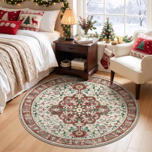 U'Artlines Red Christmas Round Area Rug 4ft Boho Washable Holiday Carpet - color: Christmas Red, size: 4' (Round)