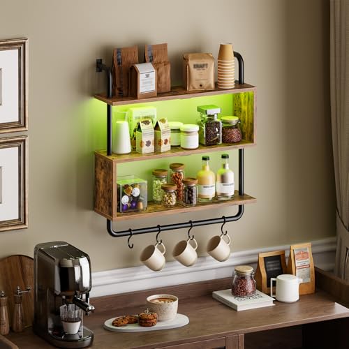 HOOBRO Floating Shelves with LED Lights, 29.5" LED Wall Mounted Shelf - color: Rustic Brown + Black