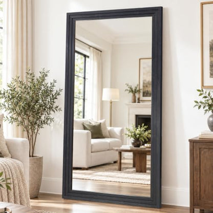 81x41in Full Length Mirror, 3-Tier Stepped Solid Wood Frame, Black - color: Black, size: 81"L x 41"W