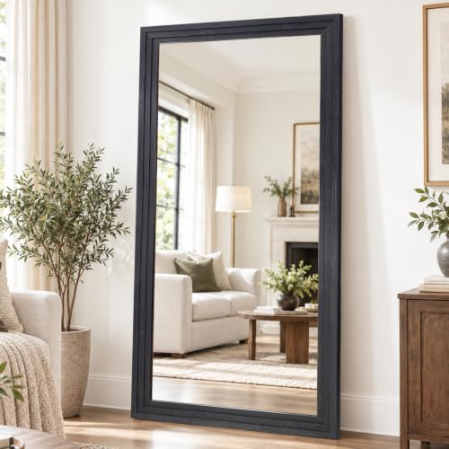 81x41in Full Length Mirror, 3-Tier Stepped Solid Wood Frame, Black - color: Black, size: 81"L x 41"W