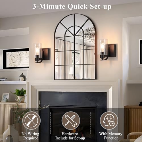 BELS 8 Inch Battery Operated Wall Sconces Set of 2, Farmhouse Wall Lights Fixture with Clear Glass, 4000K, Remote Control, Dimmable, Black Wall Sconces for Mirror, Bathroom, Bedroom - color: Black