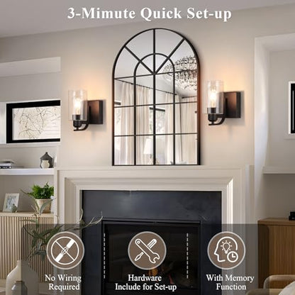 BELS 8 Inch Battery Operated Wall Sconces Set of 2, Farmhouse Wall Lights Fixture with Clear Glass, 4000K, Remote Control, Dimmable, Black Wall Sconces for Mirror, Bathroom, Bedroom - color: Black