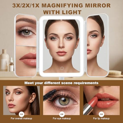 Trifold Makeup Mirror with Lights, 3000mAh Vanity Mirror | 3X/2X/1X Magnification Suction&Stand Base, 360° Adjustment Rechargeable Mirror for Travel/Bedroom/Dorm, Gifts for Women