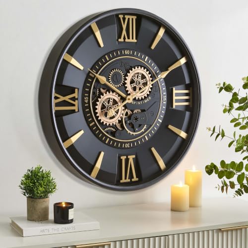 CLXEAST Mid Century Modern Black Gold 24 Inch Wall Clock with Moving Gears - color: Mid Century Modern Black/Gold, size: 24 Inch