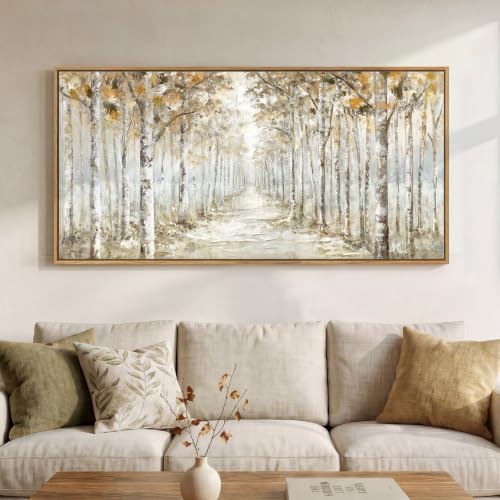 Framed Birch Tree Forest Landscape Wall Art for Living Room, 60x30 Inch - color: Brown White