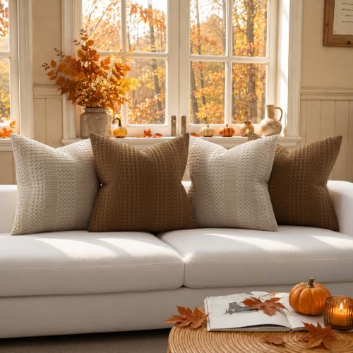 a moment 2 Pack Bamboo Fiber Pillow Covers - Waffle Weave, Ultra Soft & Breathable, Skin-Friendly Cotton Throw Pillow for Couch, Sofa, Bedroom Living Room 18x18 Inch Dark Brown - color: Dark Brown, size: 18" x 18" (Pack of 2)