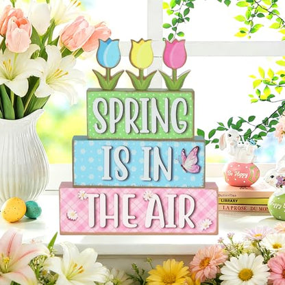 6 Pcs Spring Decorations for Home Wooden Tulips Flower Table Centerpieces Farmhouse Wood Block Signs Pastel Tulip Tabletop Easter Decor Indoor Tiered Tray Office Desk Shelf Mantel Fireplace Kitchen