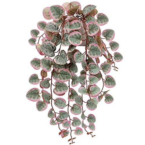 Briful Pink Fake Variegated String of Hearts Plant in White Ceramic Pot - color: Blush Pink and Sage Green Variegated