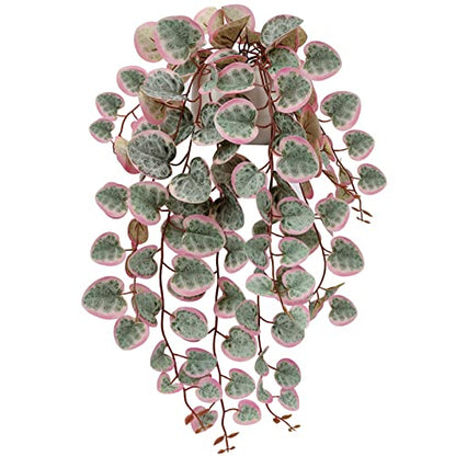 Briful Pink Fake Variegated String of Hearts Plant in White Ceramic Pot - color: Blush Pink and Sage Green Variegated