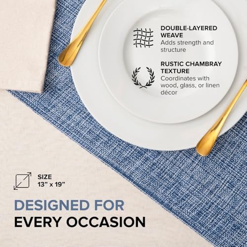 Cotton Placemats Set of 6-13x19 Inch, Woven Chambray Place Mats, Durable & Elegant for Dining Table, Wedding, Restaurant, Machine Washable, Oeko-TEX Certified - Blue - color: Blue - Chambrey