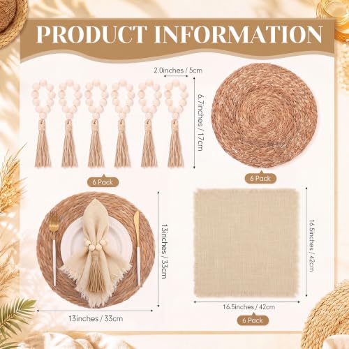 Fanfanwin Set of 6 Boho Woven Placemats with Khaki Napkins, 13 in - color: Khaki