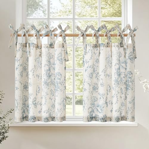 jinchan Blue Floral Kitchen Tier Curtains Alice 24 Inches Tie Top 2 Panles - color: Alice Blue on Linen, size: 26"W x 24"L (Pack of 2)