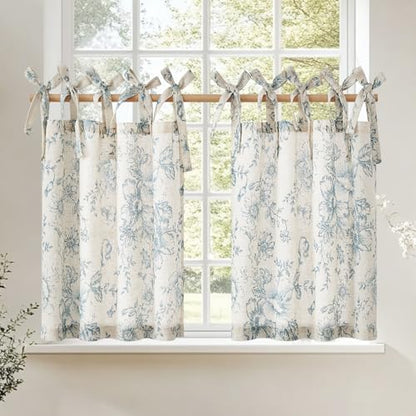 jinchan Blue Floral Kitchen Tier Curtains Alice 24 Inches Tie Top 2 Panles - color: Alice Blue on Linen, size: 26"W x 24"L (Pack of 2)